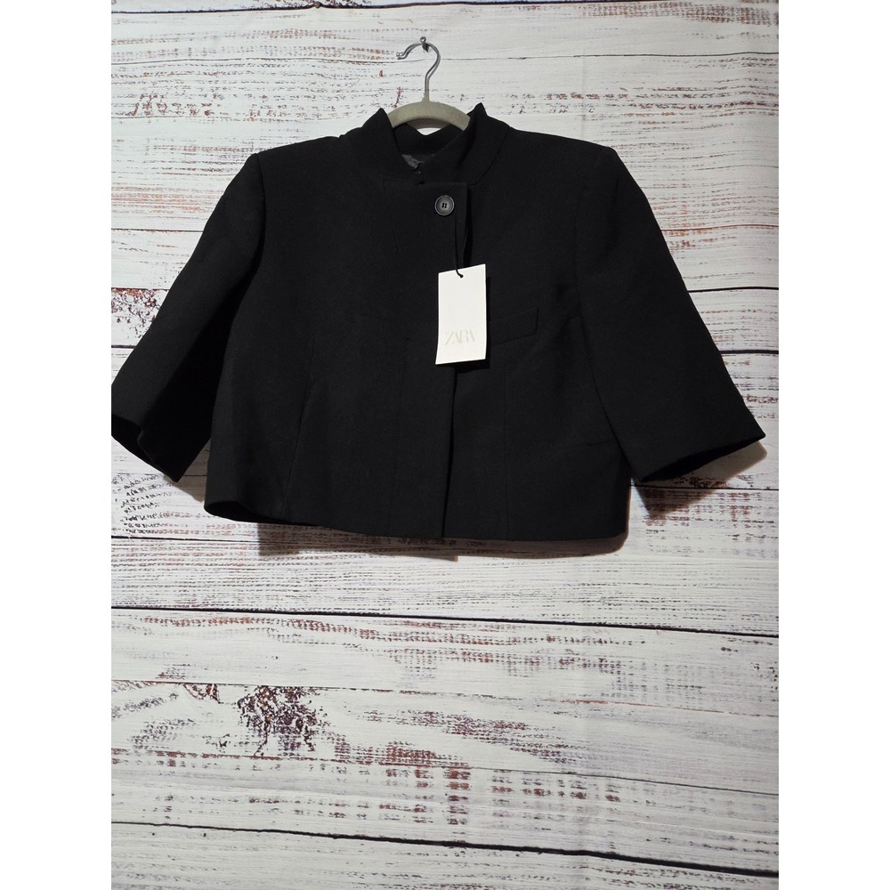 Zara Black Cropped Short Sleeve Blazer Stand Collar Jacket 7179/048 Size M